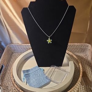 925 Silver Necklace with Green and Yellow Flower Pendant
